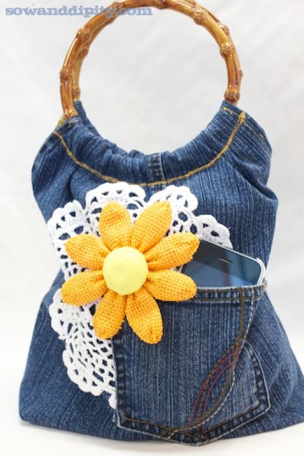 denim handbag made from recycled blue jeans
